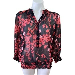 Gap Sheer Floral Blouse Top Black Orange Pink